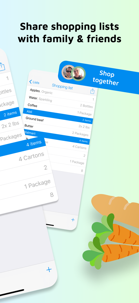 Smartphone interface showing a shared grocery shopping list with items grouped by store location like Aldi and Walmart.