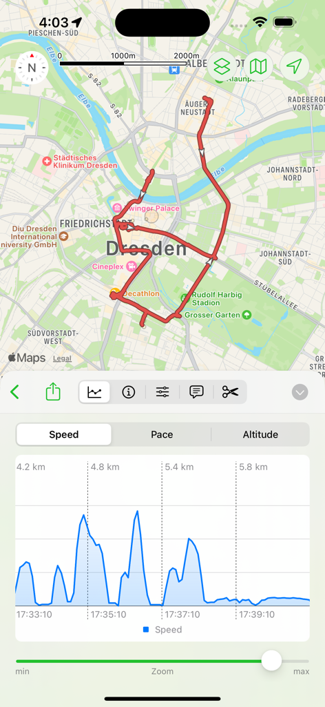 Pado - Pado app interface displaying a recorded GPS route on a map and a corresponding speed analysis graph