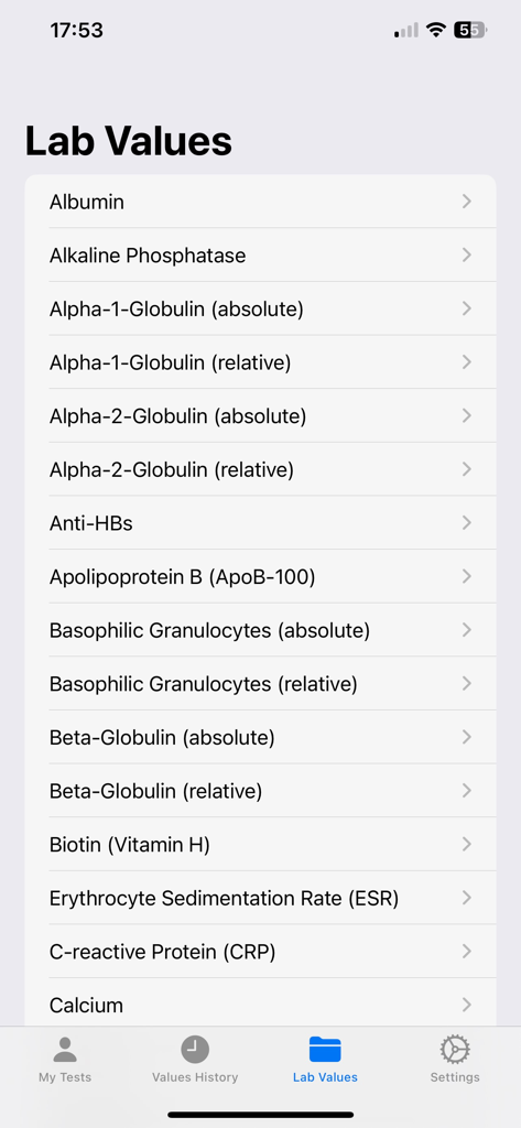 Lab Tracker - A list of medical lab values and biomarkers available for tracking in the Lab Tracker app