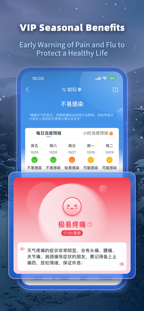 MojiWeather app interface showing VIP health benefits including flu and pain warnings based on weather conditions.