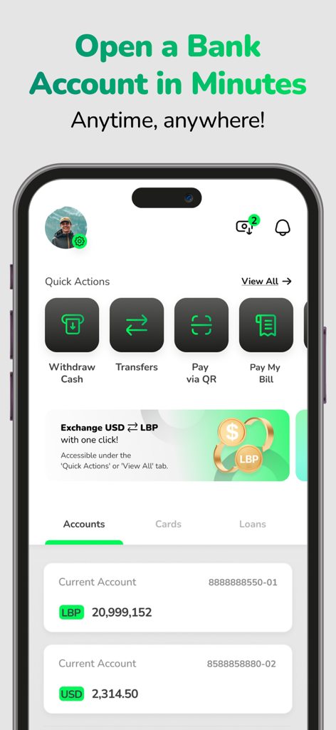 El panel de la aplicación neo by Bank Audi que muestra los saldos de cuentas en libras libanesas y dólares estadounidenses con accesos directos a acciones rápidas.