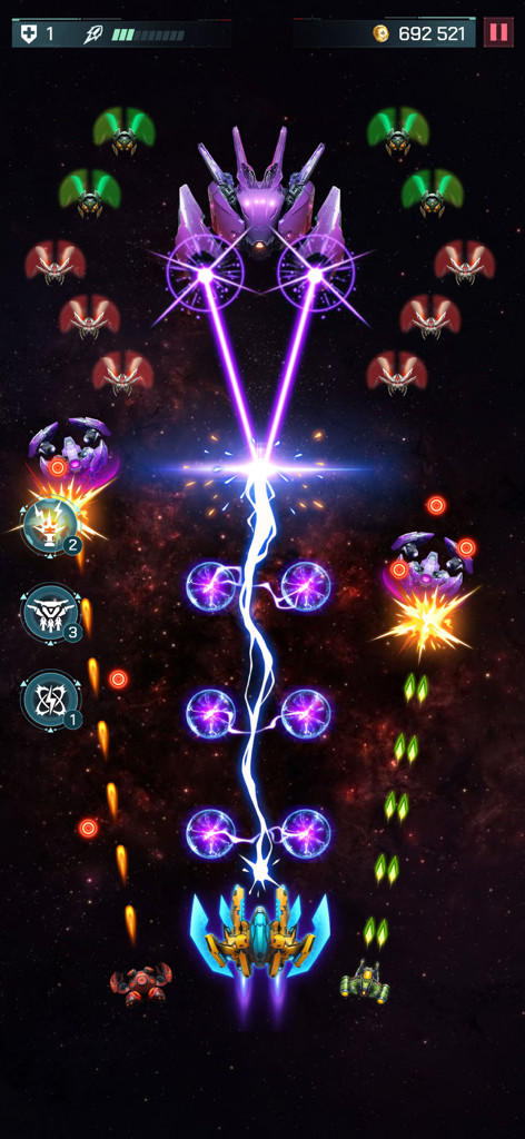 Universe Invader 2: Alien War - Action packed arcade space shooter gameplay showing a spaceship firing a lightning beam at a large purple alien boss