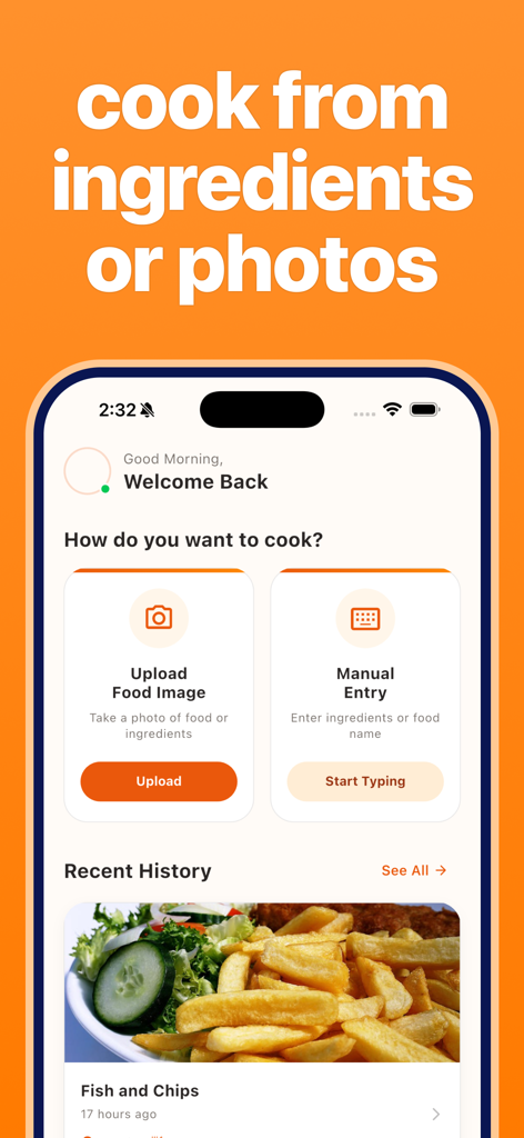 AI Recipe Keeper - ChefAI - ChefAI 앱의 인터페이스, 음식 사진 업로드 또는 수동 재료 입력 옵션 표시