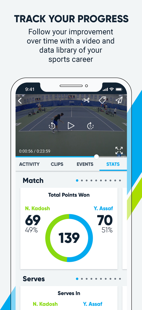 Interfaz de la aplicación PlaySight que muestra video de un partido de tenis y análisis de rendimiento