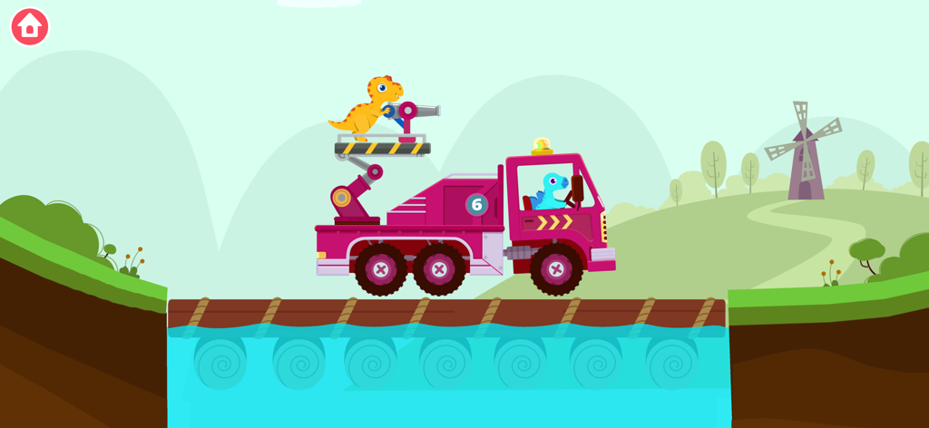 A blue dinosaur driving a pink fire truck across a bridge in a cartoon landscape
