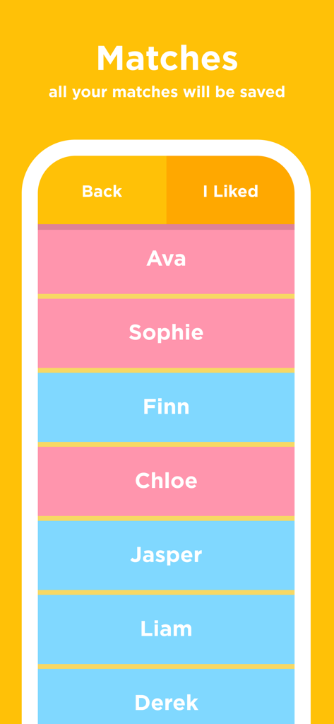BabyName - find it together - A screen from the BabyName app displaying a list of baby name matches shared between partners
