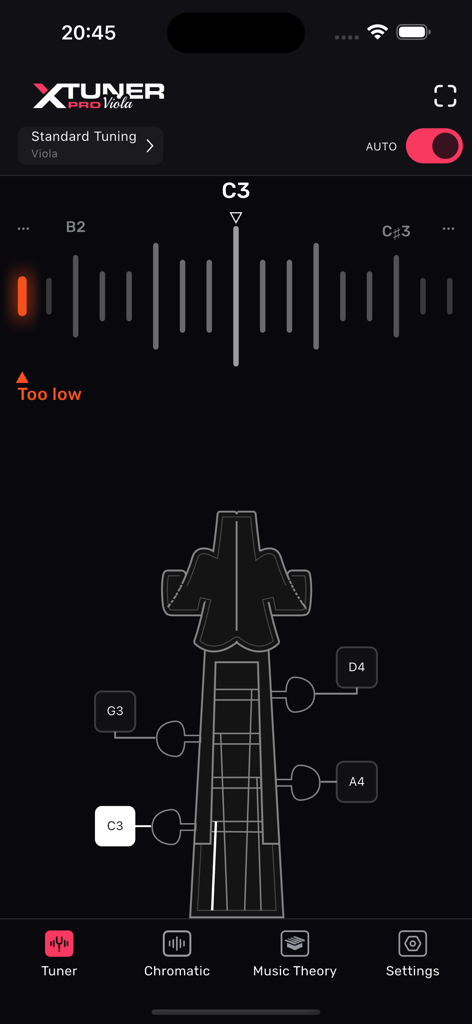 Viola Tuner XTuner PRO app interface showing auto tuning for a viola C3 string with a too low indicator and instrument peg diagram.