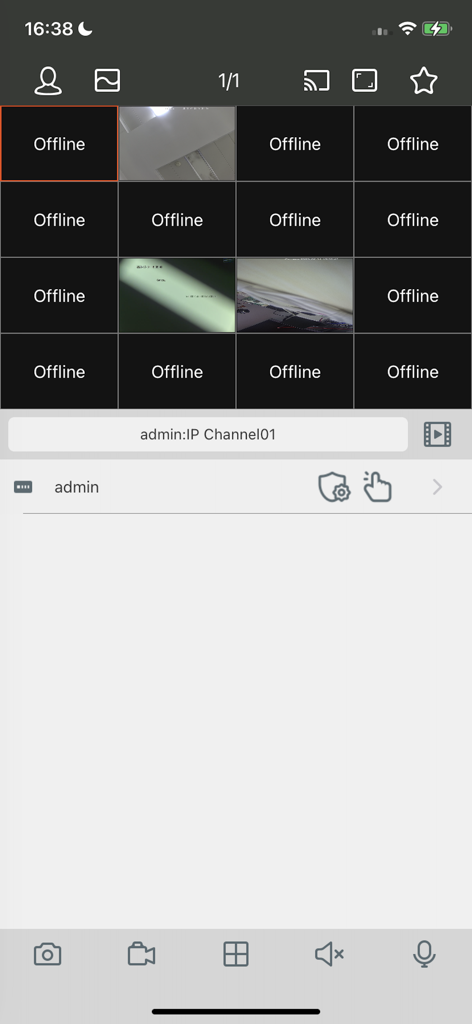 CORTEX IQ app interface showing a 4x4 grid of security camera feeds with live and offline channels