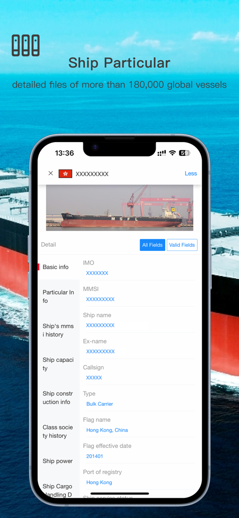 Interface of the hiFleet app showing detailed ship particulars and registration information for a global maritime vessel