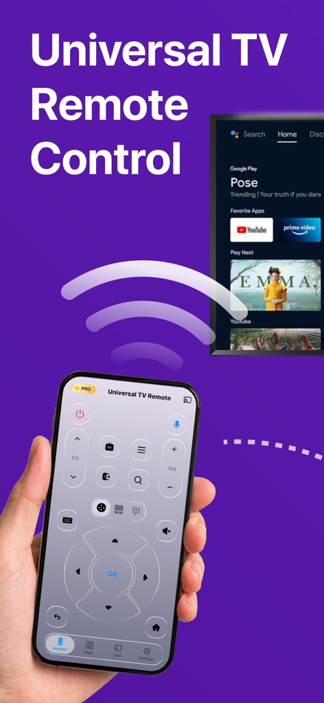 Universal TV Remote・TV Control - Hand holding an iPhone using the Universal TV Remote app to control a smart TV.