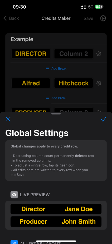 End Credits Maker: Roll Titles - Global settings menu and live preview showing director and producer credits in the End Credits Maker app interface.