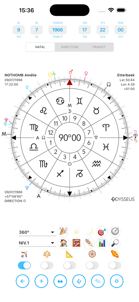 Odysseus® - 90-degree Uranian astrology wheel interface in the Odysseus app showing planetary symbols and natal chart data