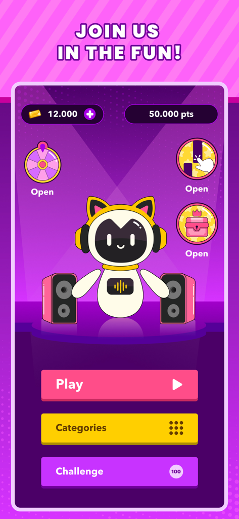 Trivial Music Quiz - Home screen of the Trivial Music Quiz app featuring a cute robot character and game selection buttons