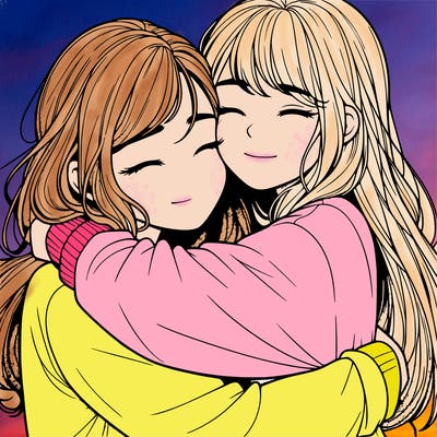 realistic two girls hugging