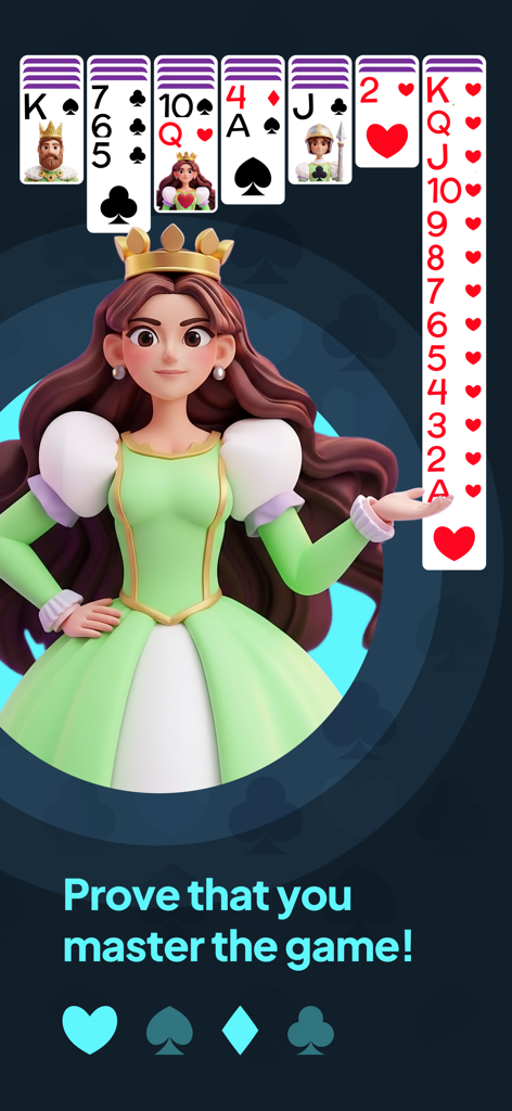 Spider Solitaire mobile game screen featuring a cartoon princess character and classic card gameplay.