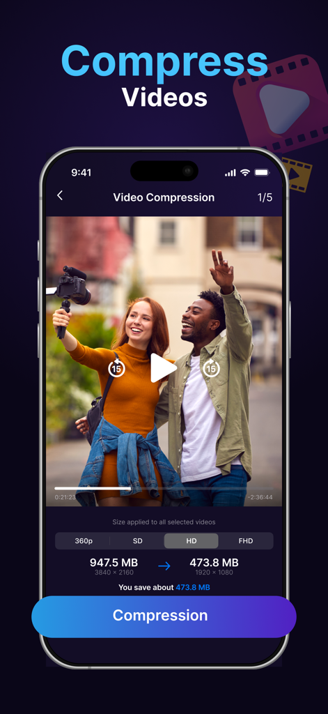 Interface of Cleanup Guru app showing video compression feature to save storage space