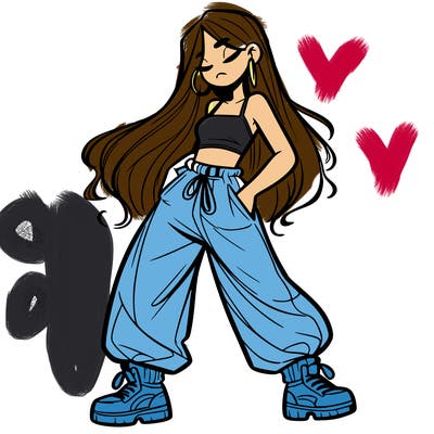 girl in baggy pants crop top and long hair