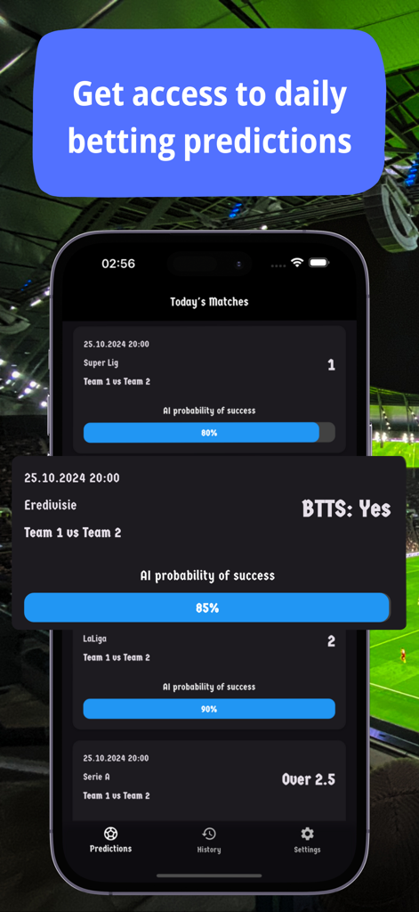 BetLogic AI: Daily predictions - Mobile app interface of BetLogic AI showing daily soccer match predictions with AI-calculated success probabilities for various European leagues.