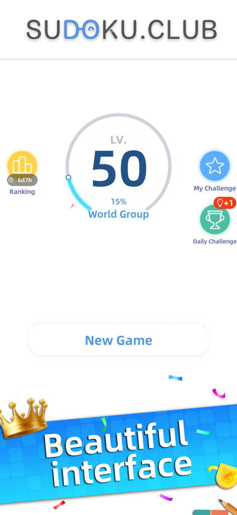 Sudoku - Aged Studio - Menú principal de la aplicación Sudoku Aged Studio que muestra el nivel del jugador 50, el progreso y las opciones para desafíos diarios y nuevos juegos.