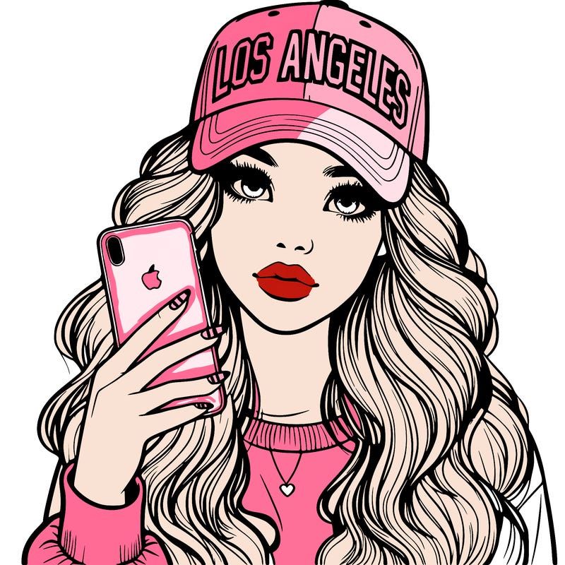 realistic beautiful girl wearing los ángeles cap holding an iphone