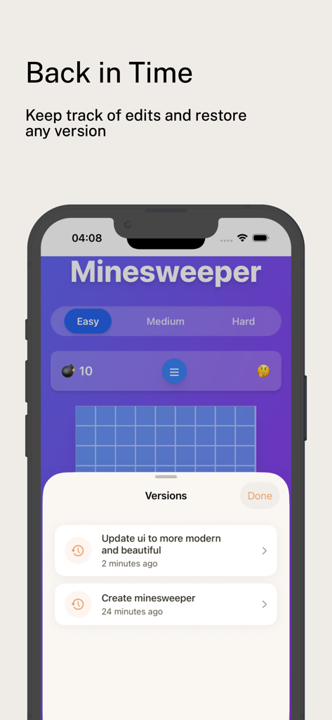 Mosaic AI - AI App Builder - Interfaz del constructor de apps Mosaic AI mostrando el historial de versiones y opciones de restauración para un proyecto de app móvil