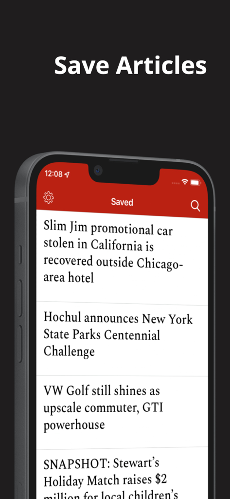 Pantalla del iPhone de la aplicación Oneida Dispatch que muestra una lista de artículos de noticias guardados.