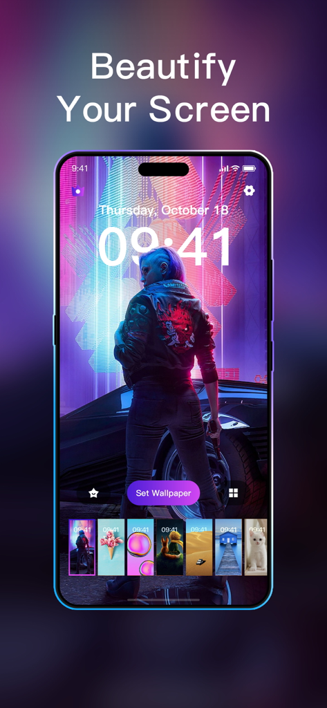 MyScreen app interface displaying a high quality depth effect lock screen wallpaper on an iPhone.