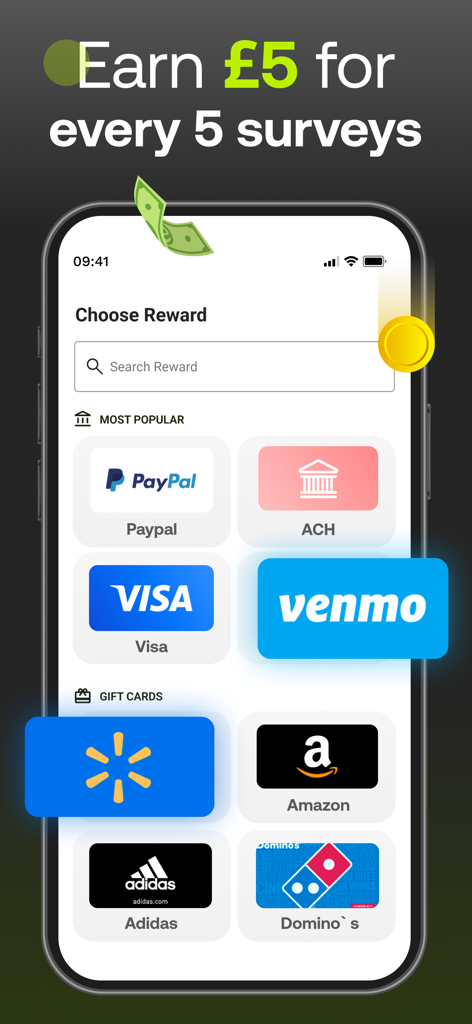 Five Surveysアプリの報酬支払いオプション（PayPal、Venmo、ギフトカードを含む）を表示するスマートフォン画面