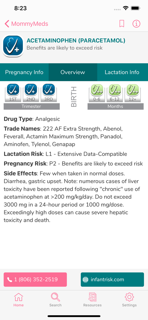MommyMeds - MommyMeds app screen showing safety ratings and side effects for Acetaminophen during pregnancy and lactation.