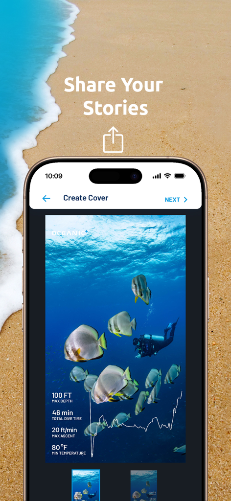 Scuba Diving Computer Oceanic+ - Interfaz de la aplicación Oceanic plus para compartir historias de buceo con fotos submarinas y superposiciones de datos de buceo