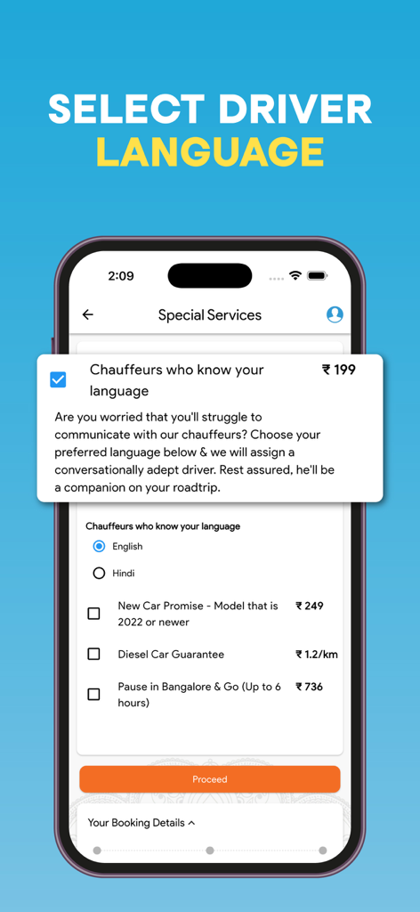 Savaari app screen for selecting driver language and special rental services