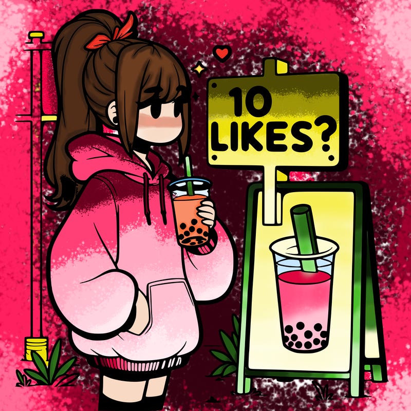 girl with oversized hoodie drinking boba and she has a high ponytail with a sign that says 10likes?