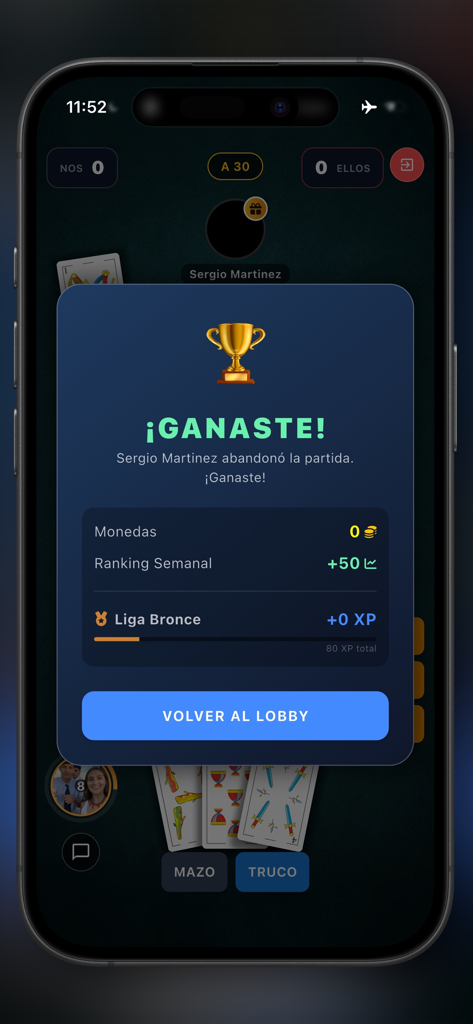 Truco: Argentino vs Uruguayo - Victory popup in the Truco Argentino vs Uruguayo card game showing a trophy and ranking points