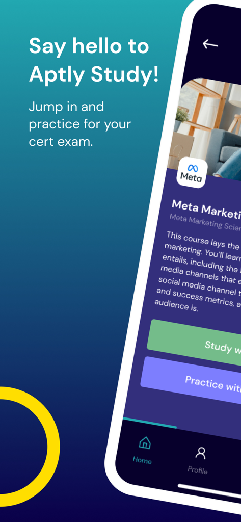 Aptly Study - Tela de boas-vindas do aplicativo móvel Aptly Study mostrando um curso de certificação de marketing da Meta com opções de estudo e prática