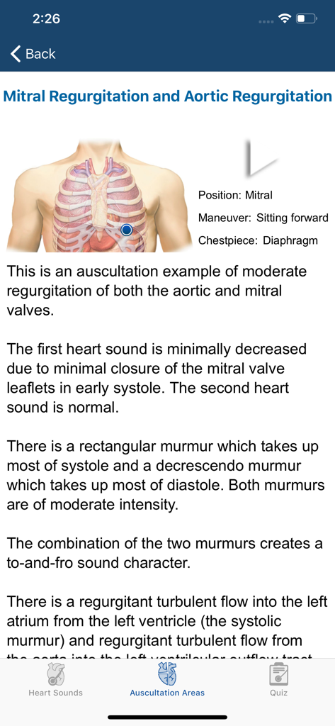 Heart Sounds Auscultation - Clinical heart sound details for mitral and aortic regurgitation shown in the medical education app