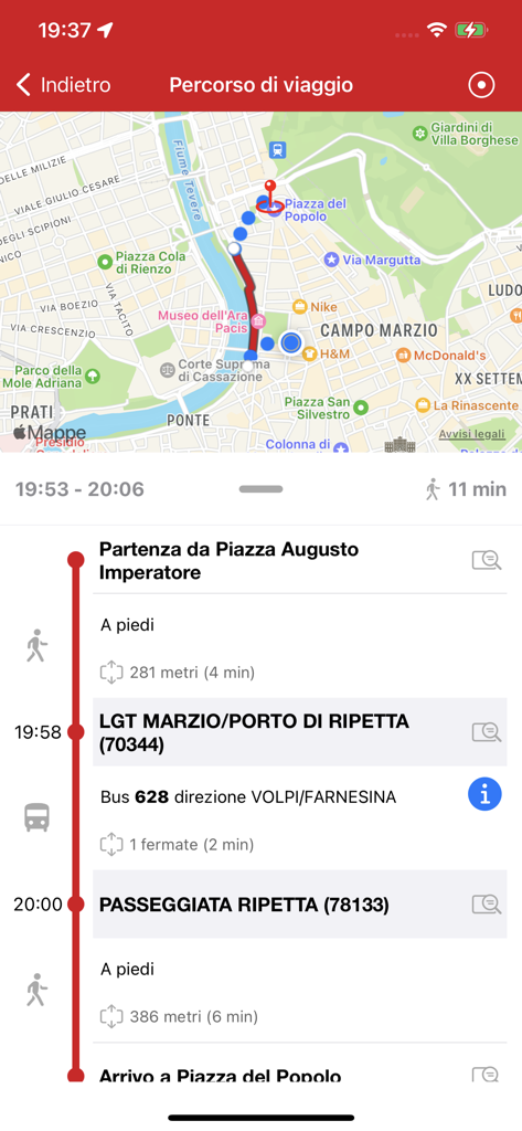 Captura de pantalla de la aplicación Probus Rome que muestra una ruta de transporte detallada con la línea de autobús 628 y segmentos a pie en Roma