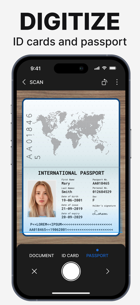 iPhoneのインターフェイスで、PDFスキャナーアプリが国際パスポートをデジタル化している様子