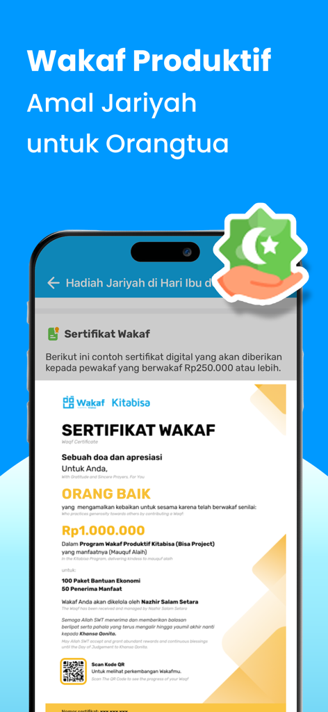 Pantalla de la aplicación Kitabisa que muestra un certificado digital Wakaf para una donación caritativa productiva