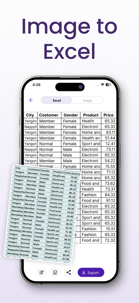 Text Scanner OCR App: OCR Scan - Mobile app interface showing the conversion of a printed table image into an editable Excel document