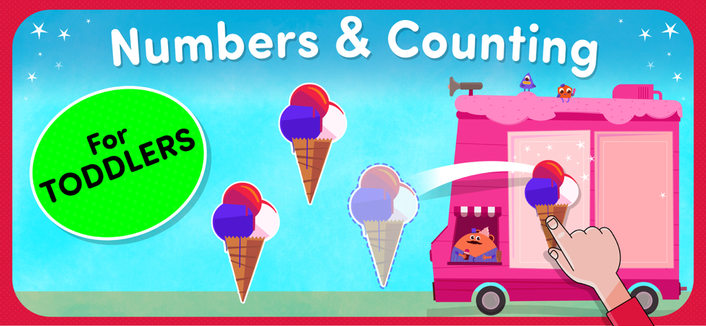 A toddler educational game screen titled Numbers and Counting featuring ice cream cones and an ice cream truck