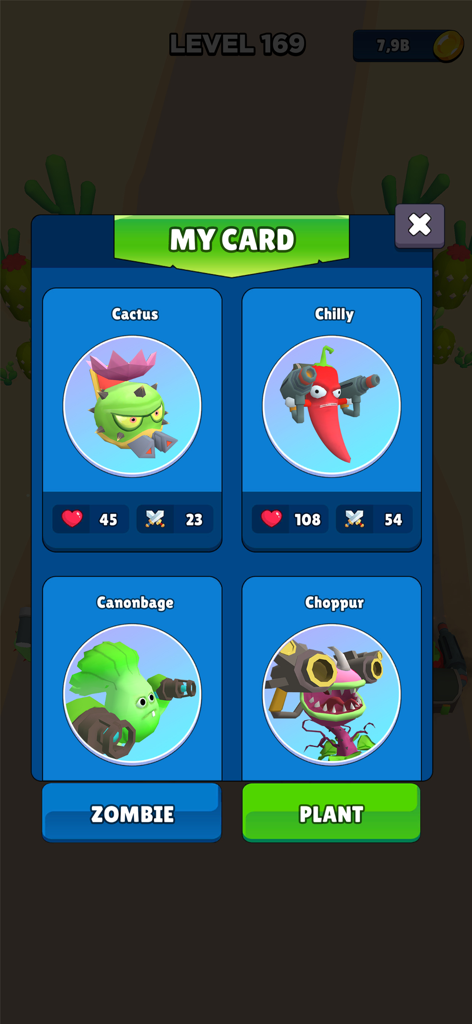 Merge Master: Idle Zombie War - A game menu screen showing character cards for plants including Cactus, Chilly, Canonbage, and Choppur with their health and attack stats.