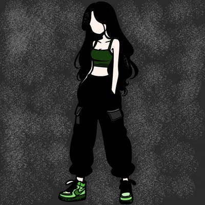 girl in baggy pants crop top and long hair