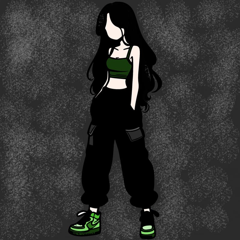 girl in baggy pants crop top and long hair