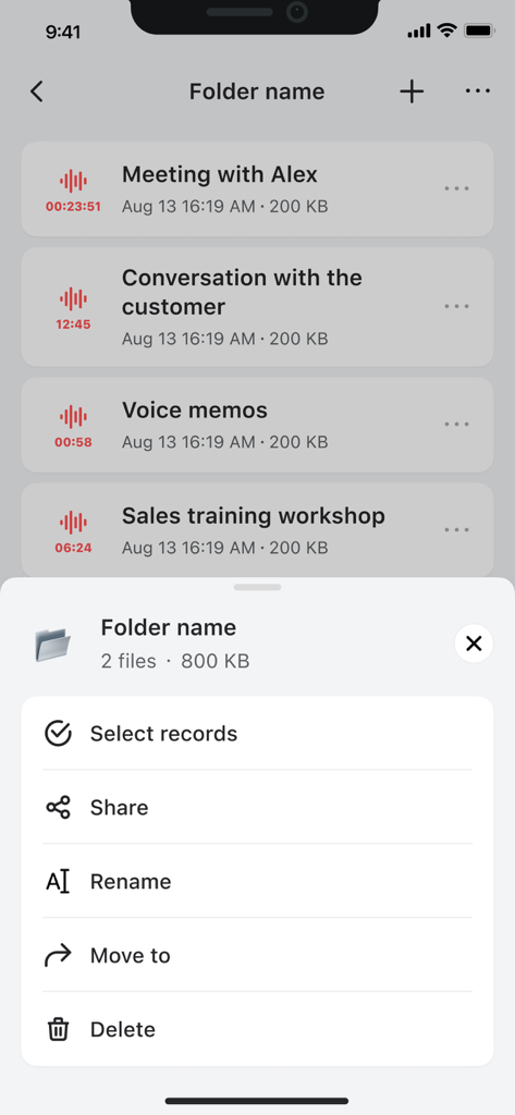 Voice Recorder — Audio Memos - List of voice recordings with a folder management menu showing options like share rename and move