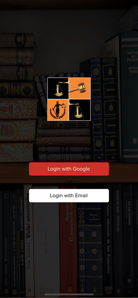 LatestLaws - LatestLawsアプリのログイン画面。背景には法律書があり、Googleまたはメールでのサインインオプションが表示されています。