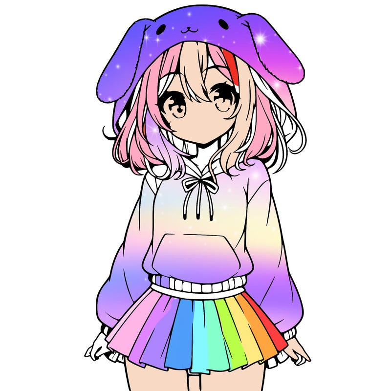 pretty anime girl wearing a fluffy hoodie with bunny ears on the hood and a skirt