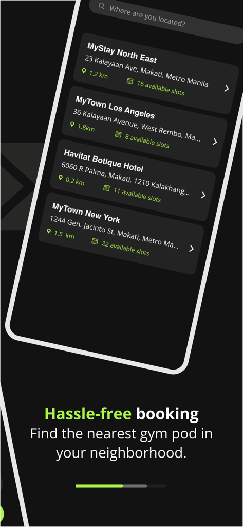 GoGym app screen showing available gym pod locations with distance and slot availability for booking