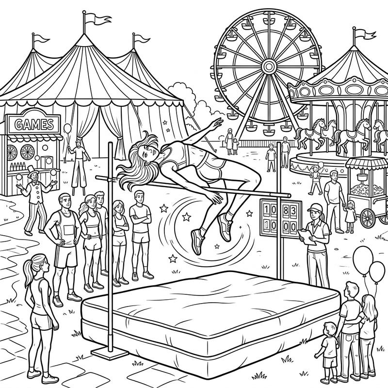 Experience the thrill of athletic competition mixed with the joy of a carnival in this exciting coloring page. Watch as a high jumper defies gravity while surrounded by festive fairground attractions.