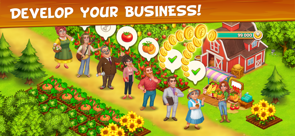 Farm Town - Family Farming Day - Characters queuing at a farm to buy fresh crops in front of a red barn and sunflower garden