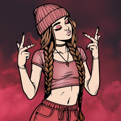 realistic teenage girl with braids and a beanie and crop top doing 🫶🏼